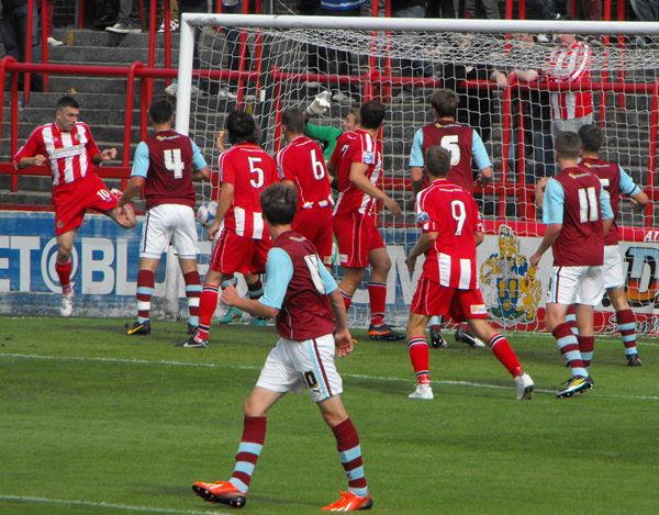 Tom Peers of Altricham contests a header with David Ferguson of Hartlepool  United during the Vanarama National League match between Hartlepool United  and Altrincham at Victoria Park, Hartlepool on Tuesday 27th October